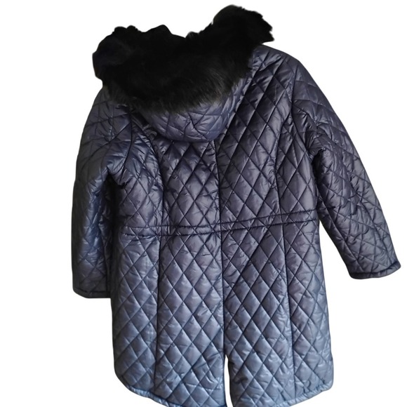 NEW Quilted Coat with Faux Fur Hooded Trim Navy blue XL Puffer, Winter, Warm - Picture 2 of 6